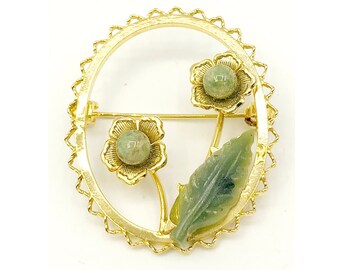 Delicate Jasper Leaf and Flowers in Openwork Gold Tone Oval Pin Brooch