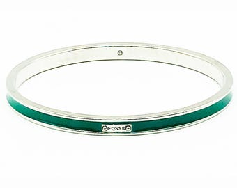 Pulseira oval vintage Sublime FOSSIL em aço inoxidável com esmalte verde e detalhe oculto de quartzo no interior.