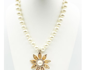 Luscious Large Faux Pearl Necklace with Glamorous Nine-Petal Rhinestone Ringed Flower