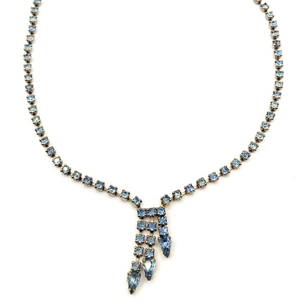 Charming LA-REL 1950s Glam  Blue Rhinestone Necklace with an Angled Triple Rhinestone Fringe Center