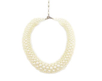 Gargantilha romântica com colar largo e intrincado, pérolas artificiais luminescentes, joia clássica vintage de noiva, anos 70, marfim, para casamento
