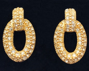 DIOR 1960s-70s Posts ~ Spectacular Oval Rare Post Earrings with Double Rows of Crystal Rhinestones, Vintage Christian Dior Chr.Dior