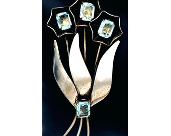 Fantástico broche grande con flor vintage de cristal azul de ley
