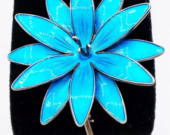 Exquisite Vintage HROAR PRYDZ Norway Blue Enamel Sterling Flower Brooch Pin