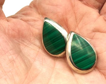 Joyful Malachite Sterling Teardrop Smooth Post Earrings 925 Vintage