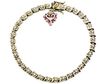 Pulseira de prata esterlina com rubi e diamantes em formato de coração, 10,6g, da PRIME ART and JEWEL.
