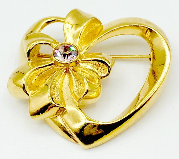 Super-Sparkly AVON Heart and Bow Pin Brooch with … - image 1