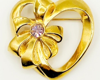 Super-Sparkly AVON Heart and Bow Pin Brooch with Large Rainbow-Reflecting Rhinestone, Vintage