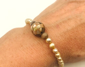 Luminescent Champagne Pearl Bracelet, 925 Toggle Clasp, Faceted Cats-Eye Beads and Central Mother-of-Pearl Mosaic Bead