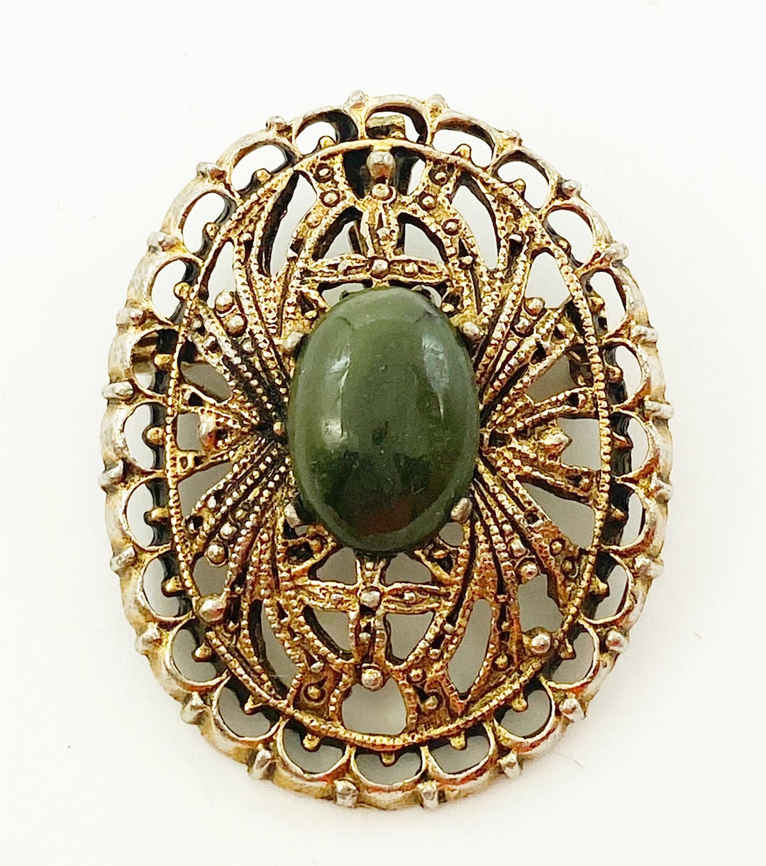 Sweet Oval PERI Openwork Convertible Brooch Pin With Jade Cabochon ...