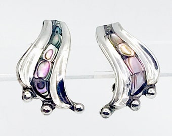 Flirty 1950s TAXCO Swirled Sterling and Rainbow Abalone Screw Back Earrings, Vintage Alpaca Eagle 3, 1950s Glam! Unknown Jeweler's Mark