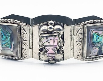 Signed AR Mexico 1940s Bracelet of Sterling and Rainbow Abalone Shell, Taxco Hecho en Mexico DF 925 AR