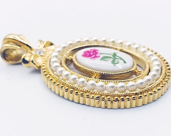 Darling AVON Rose Vintage Pendant of Elaborate Openwork with Enamel Ceramic Rose + Pearls on Unmarked 18" Gold-Tone Chain