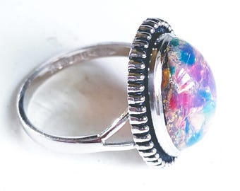 1970s CLARK & COOMBS Sterling Silver Lucite Ring Rainbow Hippie Chic Size 5.75 Timeless Fun