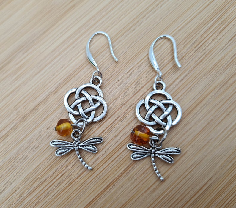 OUTLANDER-inspired BOUCLES pendants Celtic Knot Dragonfly and Baltic Amber Large silver hooks 925