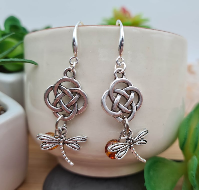 OUTLANDER-inspired BOUCLES pendants Celtic Knot Dragonfly and Baltic Amber Large silver hooks 925