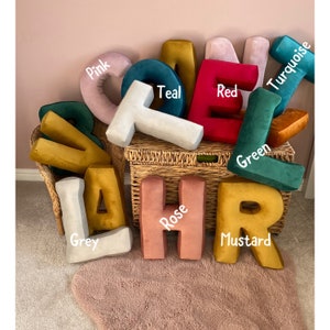Peut inclure: Une collection de coussins en peluche en forme de lettres avec une texture veloutée, disponibles en rose, bleu sarcelle, rouge, turquoise, vert, gris, vieux rose et moutarde. Chaque coussin représente une lettre avec une finition rembourrée.