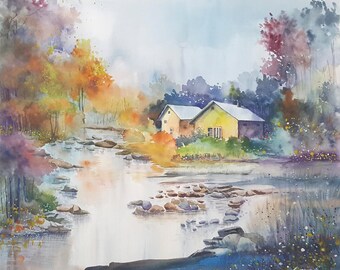 Original Fall Trees Watercolor Landscape Painting (20.5x16 5/8)
