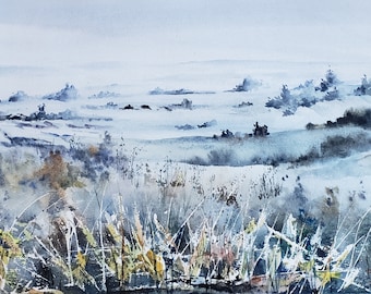 May include: A watercolor painting of a foggy landscape with a field of tall grass in the foreground. The background shows a distant field with trees and hills.