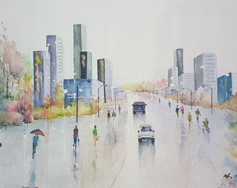 Original Watercolor Painting: Rainy City Landscape (11.5x8.3/8")