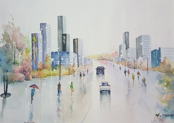 Original Watercolor Painting Rainy Day City Landscape Etsy