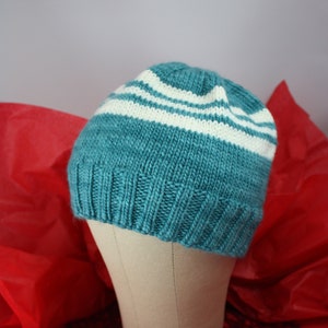 Hand Knit Teal And White Striped Merino Wool Beanie Winter Hat