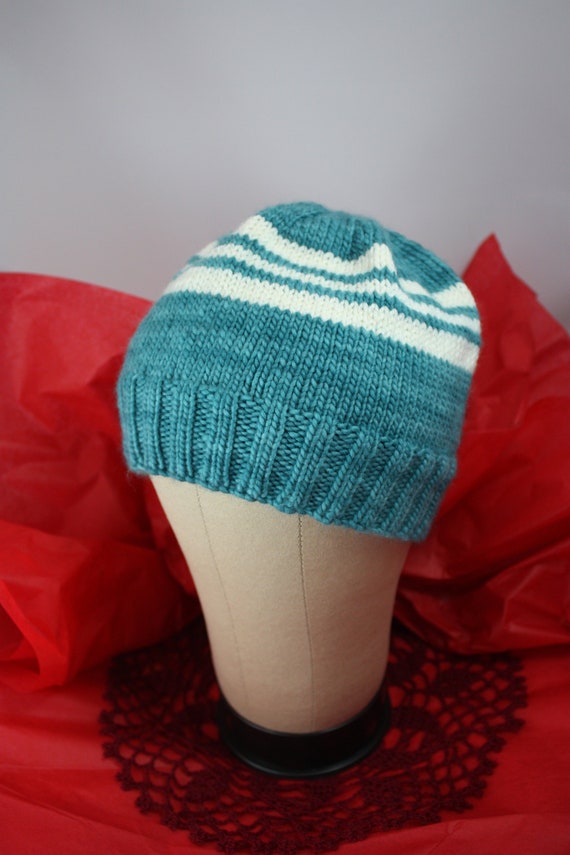 Hand Knit Teal and White Striped Merino Wool Beanie Winter  display picture 3