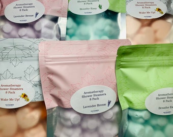 Aromatherapy Shower Steamers, 8 Pack Single Use, Wake me Up (citrus), Lavender Breeze, Breathe Easy, My Achy Head