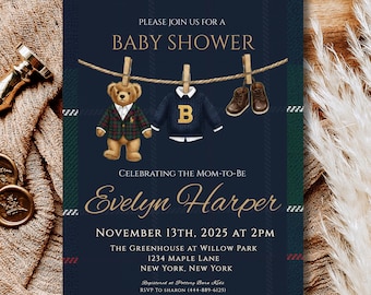 Plaid Teddy Bear Baby Shower Invitation: Preppy Boy Invite (Editable Canva Template)