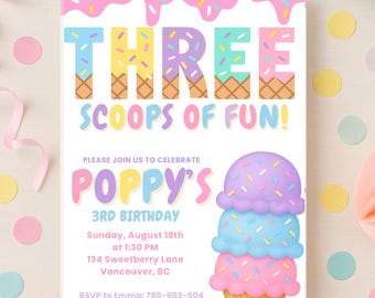 Ice Cream 3rd Birthday Invitation: Three Scoops of Fun (Editable Canva Template - Digital Download