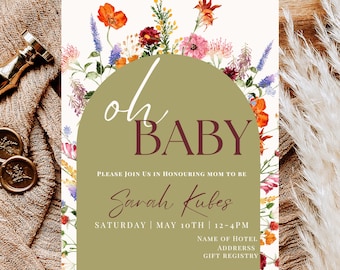 Boho Floral Baby Shower Invitation: Editable Neutral Design (Digital Download)