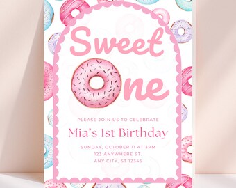 Sweet One Donut 1st Birthday Invitation: Editable Template (Digital Download