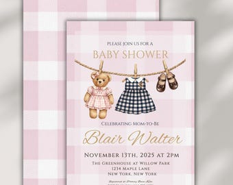 Pink Gingham Teddy Bear Baby Shower Invitation | Plaid Back (Editable Canva Template)