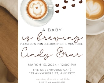 Coffee Baby Shower Invitation, A Baby is Brewing, Editable Canva Template (Digital Download)