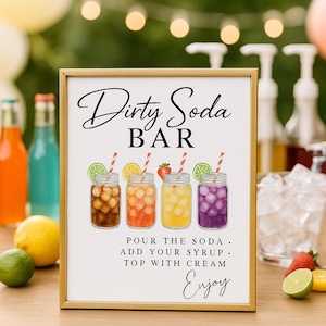 May include: A framed sign with the words "Dirty Soda Bar" in elegant script. The sign features illustrations of four mason jars filled with colorful sodas, each garnished with fruit and a striped straw. Instructions and the word "Enjoy" are also included.