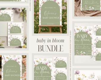 Floral Baby Shower Printable Bundle: Editable Invitation, Sign, Cards (Canva Template)