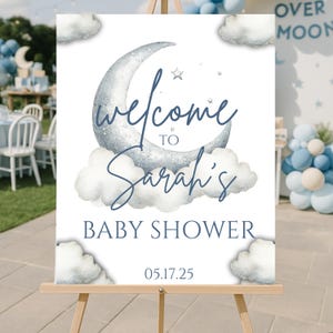 Over the Moon Baby Shower Welcome Sign: Neutral Cloud Decor (Editable Canva Template, Instant Download)