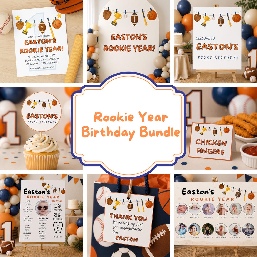 Rookie Year First Birthday Bundle | Sports Theme, Editable Canva Invite ...