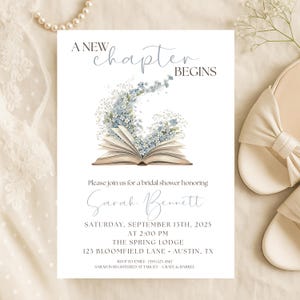 May include: A bridal shower invitation with the text "A New Chapter Begins." The invitation features an open book with blue floral accents. The invitation is for Sarah Bennett, with the date, time, and location details.