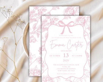 Pink Toile Bridal Shower Invitation: Elegant Floral Template (Digital Download)