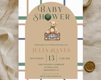 Preppy Teddy Bear Baby Shower Invitation • Plaid, Green Bow (Canva Template)