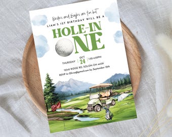 Hole in One First Birthday Invitation – Golf Par-Tee Theme – Editable Canva Template – Instant Download