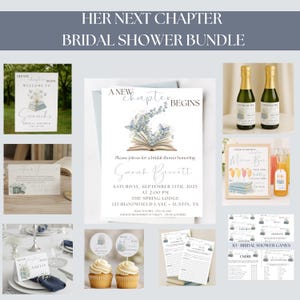May include: A bridal shower bundle with a theme of "Her Next Chapter." The image includes invitations, welcome signs, thank you cards, cupcake toppers, champagne bottles, a mimosa bar sign, and bridal shower games. The color scheme is primarily blue and white.