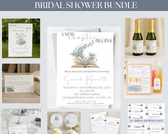 May include: A bridal shower bundle with a theme of "Her Next Chapter." The image includes invitations, welcome signs, thank you cards, cupcake toppers, champagne bottles, a mimosa bar sign, and bridal shower games. The color scheme is primarily blue and white.