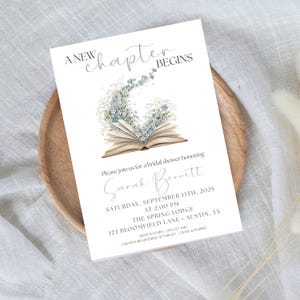 May include: A white invitation card with the text "A New Chapter Begins" and floral illustrations. The card announces a bridal shower honoring Sarah Bennett, with date, time, and location details. RSVP information is also included.