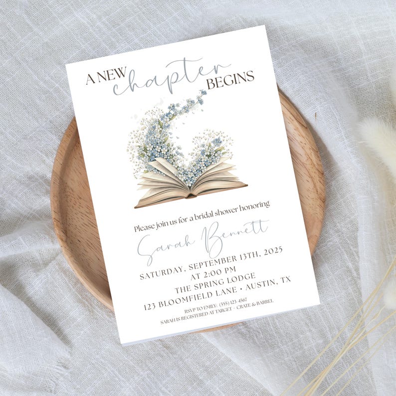 May include: A white invitation card with the text "A New Chapter Begins" and floral illustrations. The card announces a bridal shower honoring Sarah Bennett, with date, time, and location details. RSVP information is also included.
