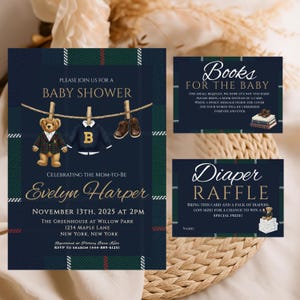 Plaid Teddy Bear Baby Shower Invitation Set |  Bundle |  Invite + Diaper Raffle + Books for Baby