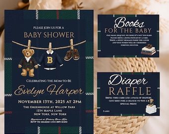 Plaid Teddy Bear Baby Shower Invitation Set |  Bundle |  Invite + Diaper Raffle + Books for Baby