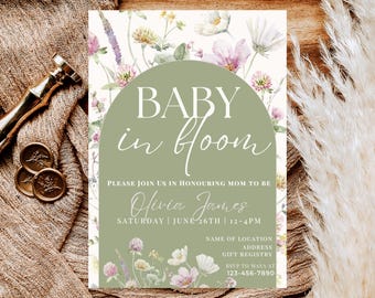 Floral Baby Shower Invitation: Sage Green Boho Template (Canva Editable, Printable Digital Download)
