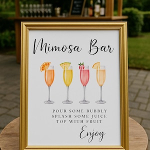 May include: A framed sign with a gold border, displaying "Mimosa Bar" in cursive. It shows four mimosa cocktails with fruit garnishes. The text below reads: "Pour some bubbly, splash some juice, top with fruit, Enjoy."